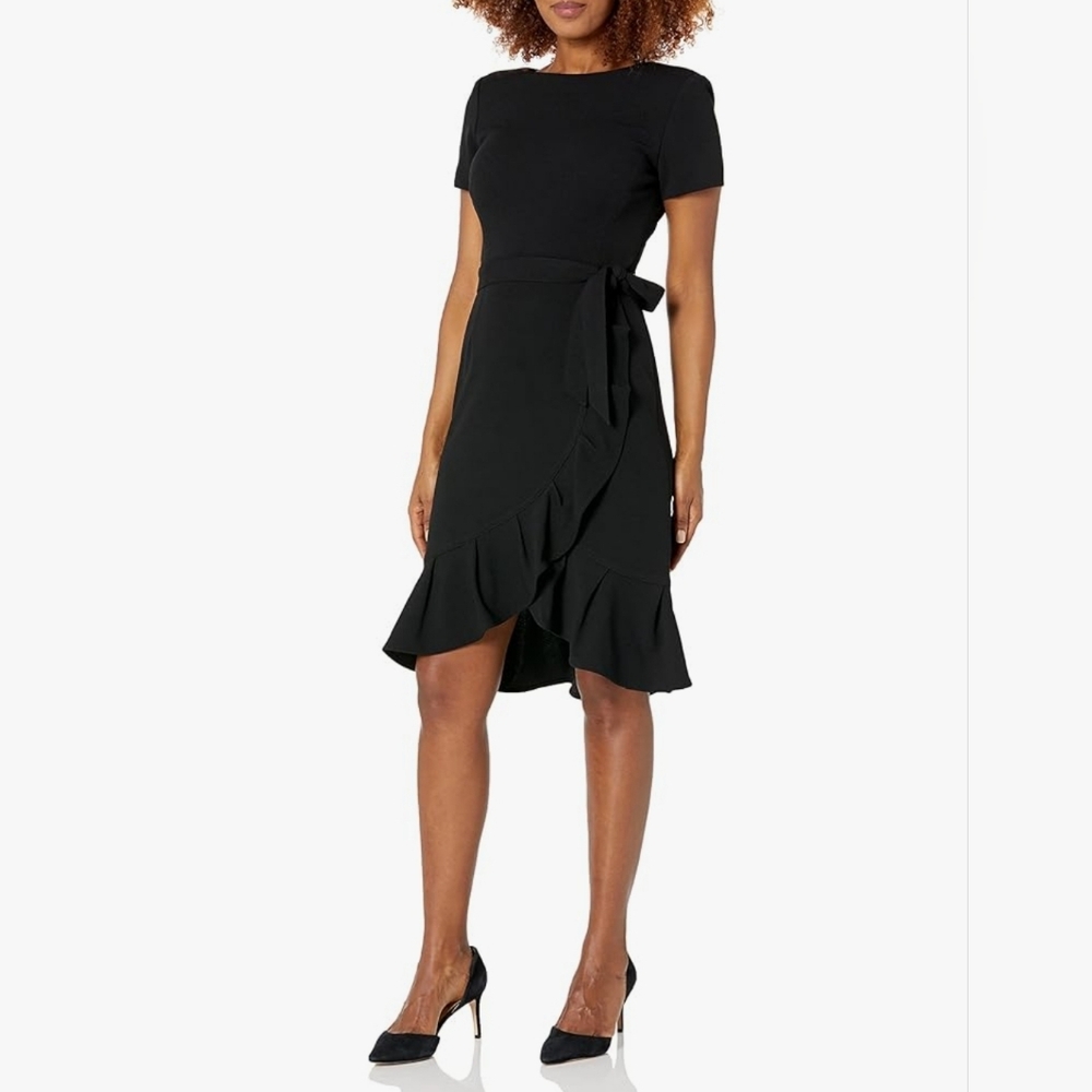 Calvin Klein Women's Short Sleeve Scuba Crepe Dress with Ruffle and Waist Tie